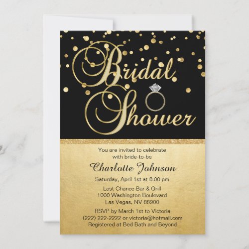 Personalized Gold Black Diamond Ring Bridal Shower Invitation