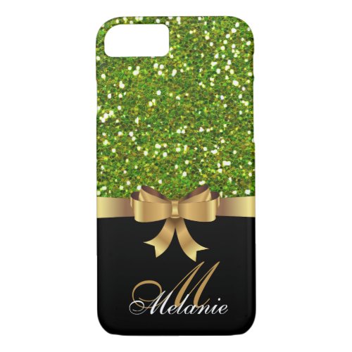 Personalized Gold Black GREEN GLITTER  BOW iPhone 87 Case