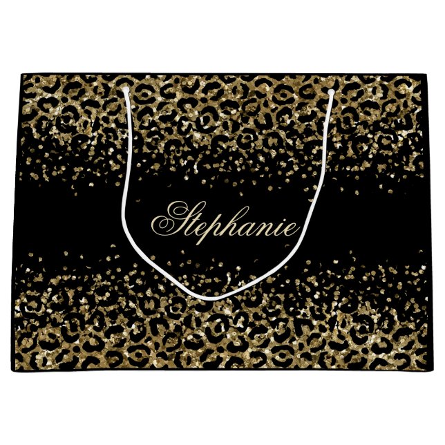 Personalized Gold Black Leopard Print Glitter  Large Gift Bag (Front)