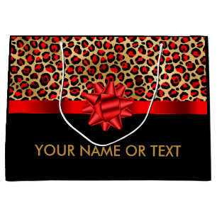Personalized Gold Black Leopard RED BOW Large Gift Bag