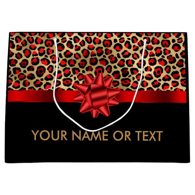 Personalized Gold Black Leopard  RED BOW Large Gift Bag (Front)