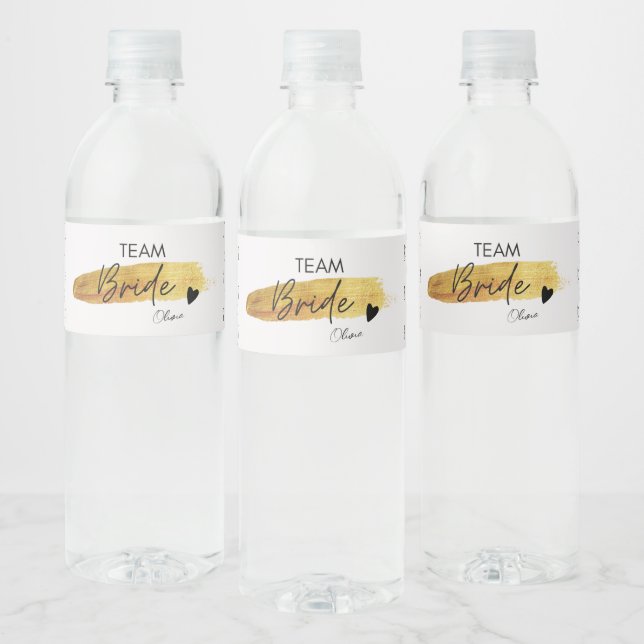 Personalized Gold & Black Modern Chic Team Bride  Water Bottle Label (Bottles)