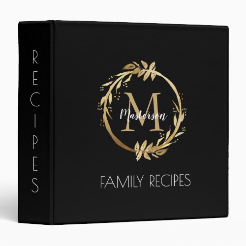 Personalized Gold Black Monogram Family Recipes 3 Ring Binder