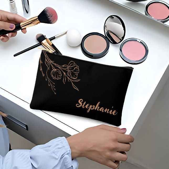 Personalized Gold Black Script Name Makeup Bag  (Elevate your bridal party's style with our bridesmaid gifts makeup bag for her!)