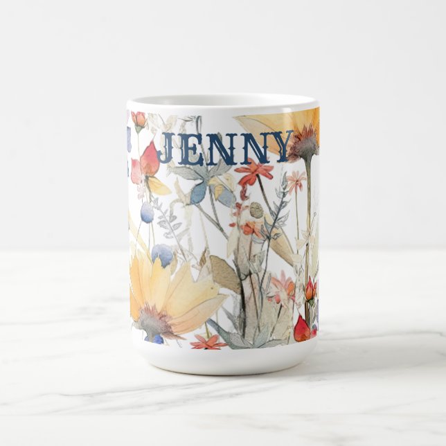 Personalized Gold Blue Boho Wildflowers Mug (Center)