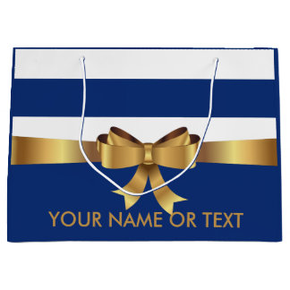 Personalized Gold, Blue Bold Stripes Golden BOW Large Gift Bag