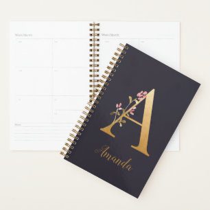 Personalized Gold Blue Elegant Floral Monogram A Planner