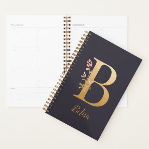 Personalized Gold Blue Elegant Floral Monogram B Planner