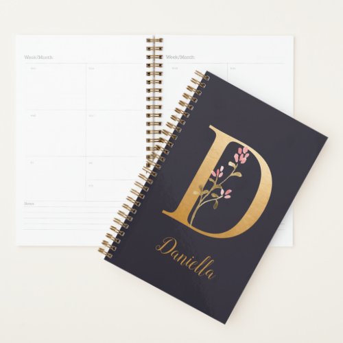 Personalized Gold Blue Elegant Floral Monogram D Planner