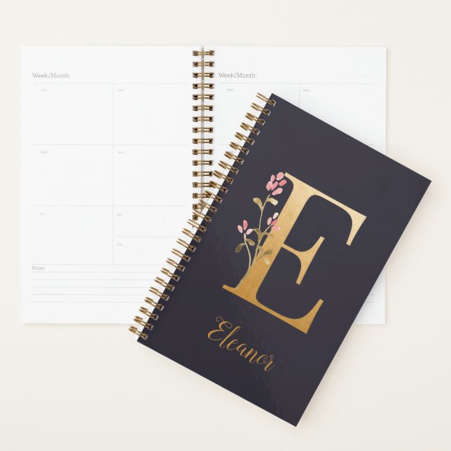 Personalized Gold Blue Elegant Floral Monogram E Planner (Display)