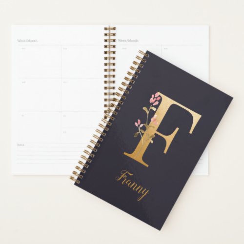 Personalized Gold Blue Elegant Floral Monogram F Planner