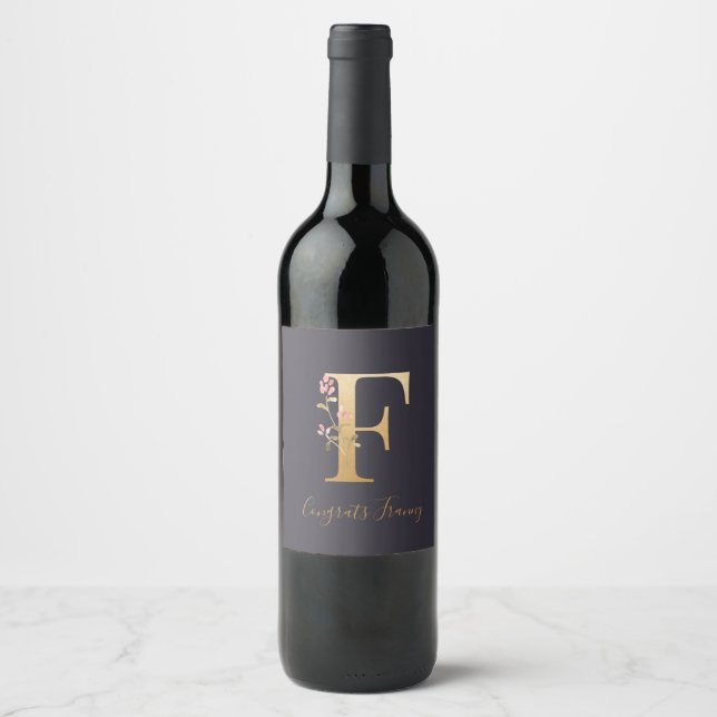 Personalized Gold Blue Elegant Floral Monogram F  Wine Label (Front)