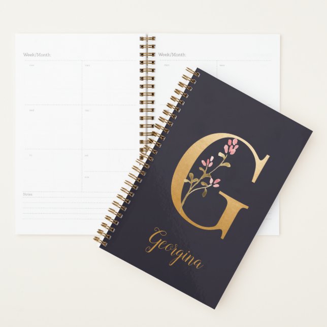 Personalized Gold Blue Elegant Floral Monogram G Planner (Display)