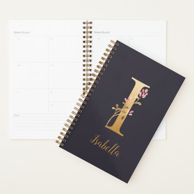 Personalized Gold Blue Elegant Floral Monogram I Planner (Display)