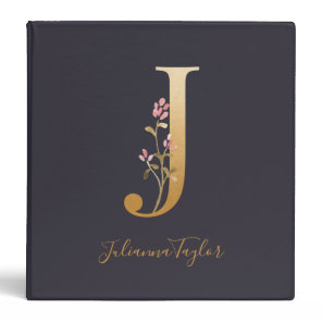 Personalized Gold Blue Elegant Floral Monogram J 3 Ring Binder
