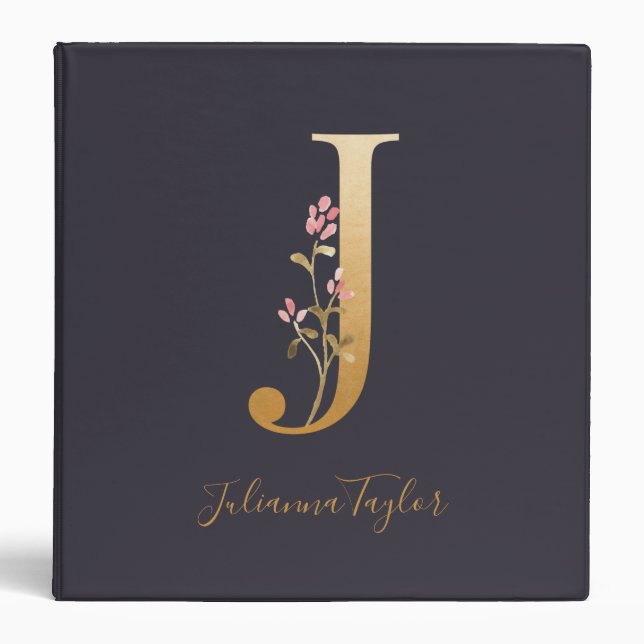 Personalized Gold Blue Elegant Floral Monogram J 3 Ring Binder (Front)