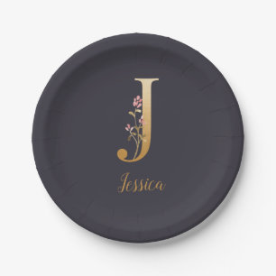 Personalized Gold Blue Elegant Floral Monogram J  Paper Plates