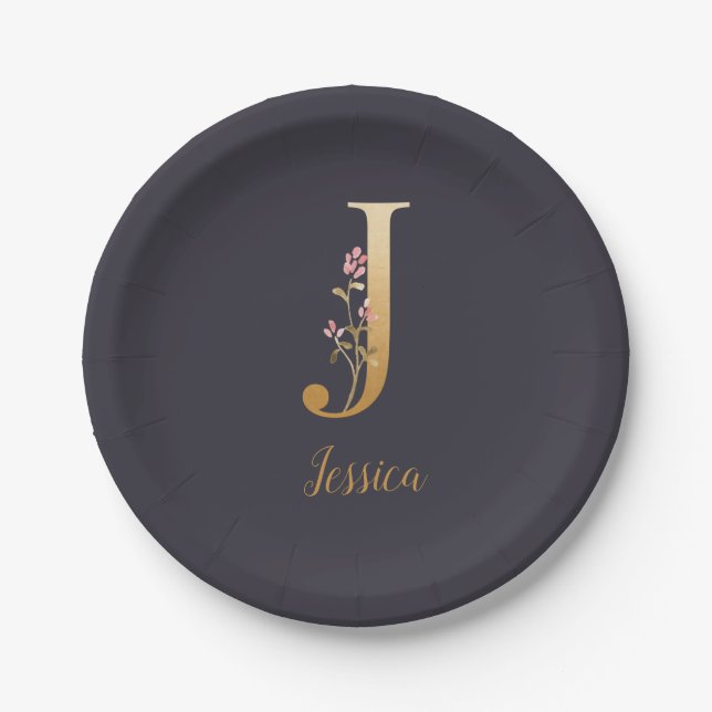 Personalized Gold Blue Elegant Floral Monogram J  Paper Plates (Front)