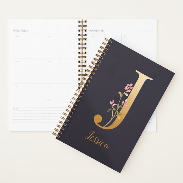 Personalized Gold Blue Elegant Floral Monogram J Planner (Display)