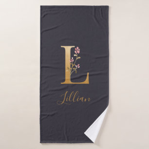 Personalized Gold Blue Elegant Floral Monogram L  Bath Towel