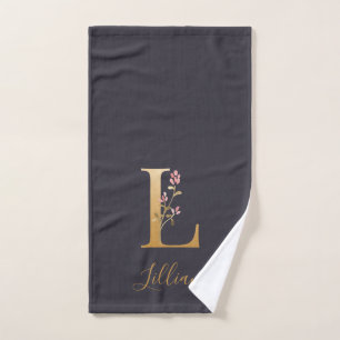 Personalized Gold Blue Elegant Floral Monogram L   Bath Towel Set