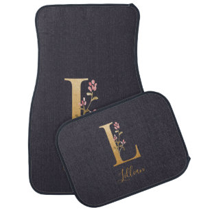 Personalized Gold Blue Elegant Floral Monogram L   Car Floor Mat