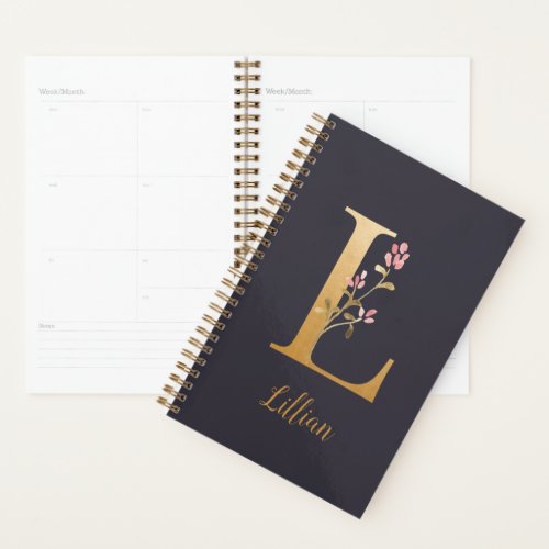 Personalized Gold Blue Elegant Floral Monogram L Planner