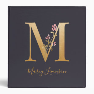 Personalized Gold Blue Elegant Floral Monogram M 3 Ring Binder
