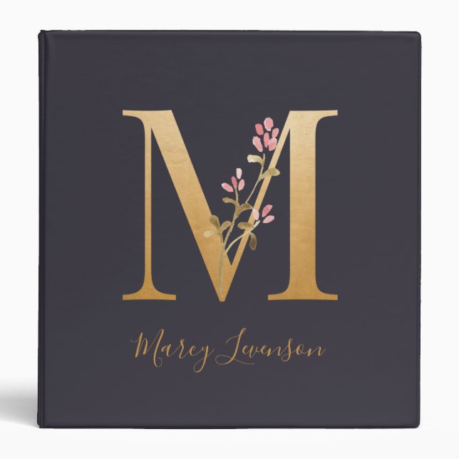 Personalized Gold Blue Elegant Floral Monogram M 3 Ring Binder (Front)