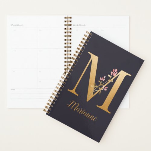 Personalized Gold Blue Elegant Floral Monogram M Planner