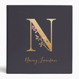 Personalized Gold Blue Elegant Floral Monogram N 3 Ring Binder