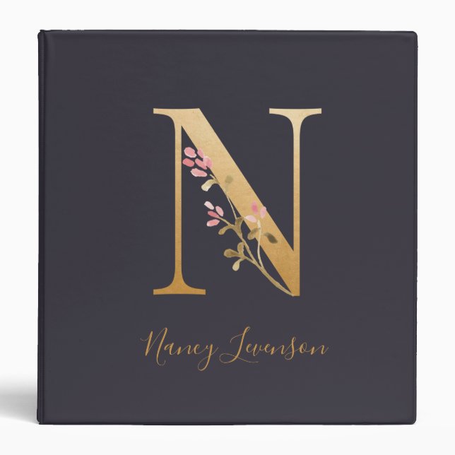 Personalized Gold Blue Elegant Floral Monogram N 3 Ring Binder (Front)