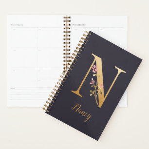 Personalized Gold Blue Elegant Floral Monogram N Planner