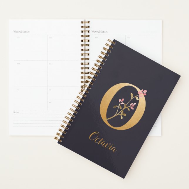 Personalized Gold Blue Elegant Floral Monogram O Planner (Display)