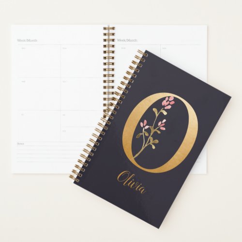 Personalized Gold Blue Elegant Floral Monogram O Planner