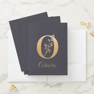 Personalized Gold Blue Elegant Floral Monogram O Pocket Folder