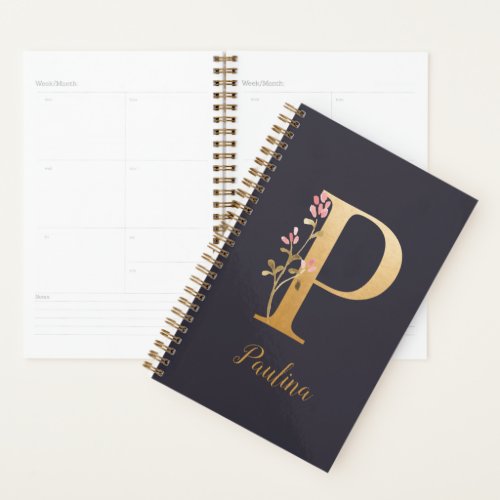 Personalized Gold Blue Elegant Floral Monogram P Planner