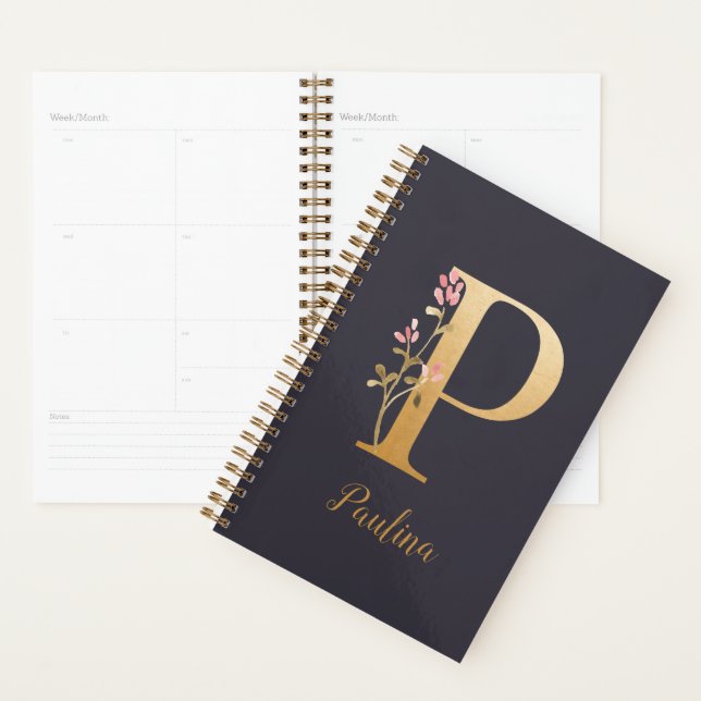 Personalized Gold Blue Elegant Floral Monogram P Planner (Display)
