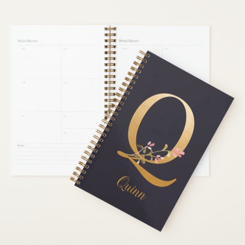 Personalized Gold Blue Elegant Floral Monogram Q Planner