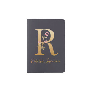 Personalized Gold Blue Elegant Floral Monogram R Passport Holder