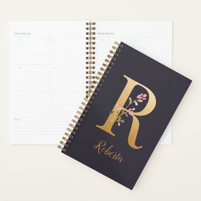 Personalized Gold Blue Elegant Floral Monogram R Planner (Display)