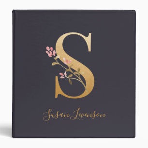 Personalized Gold Blue Elegant Floral Monogram S 3 Ring Binder