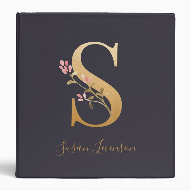 Personalized Gold Blue Elegant Floral Monogram S 3 Ring Binder (Front)