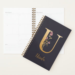 Personalized Gold Blue Elegant Floral Monogram U Planner