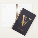 Personalized Gold Blue Elegant Floral Monogram V Planner<br><div class="desc">Personalized Gold Blue Elegant Floral Monogram V Planner *For this design, each letter has its own listing but you customize your name by clicking on "personalize this template." I am working on adding more letters; if yours is not listed yet, please message me and I can list it for you....</div>