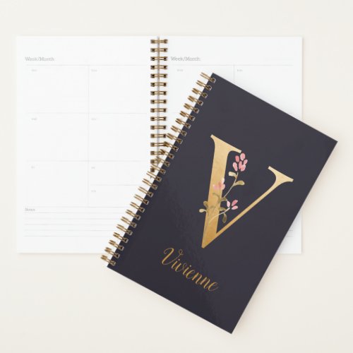 Personalized Gold Blue Elegant Floral Monogram V Planner