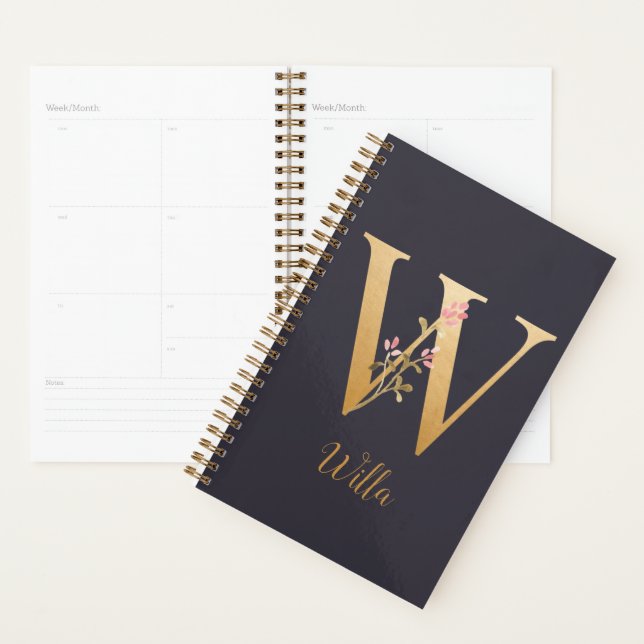 Personalized Gold Blue Elegant Floral Monogram W Planner (Display)