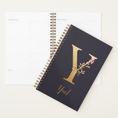 Personalized Gold Blue Elegant Floral Monogram Y Planner