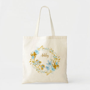 Personalized Gold & Blue Watercolor Floral Tote Bag