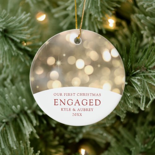 Personalized Gold Bokeh Lights Engaged Couple Ceramic Ornament